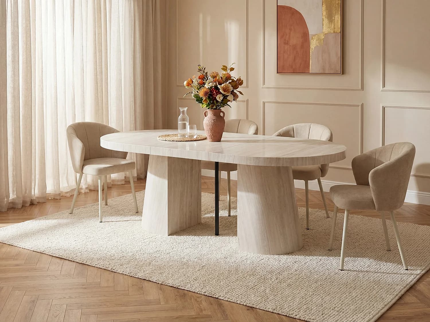 Table à manger extensible 6 à +12 personnes en MDF - Effet travertin beige - CLOEVA