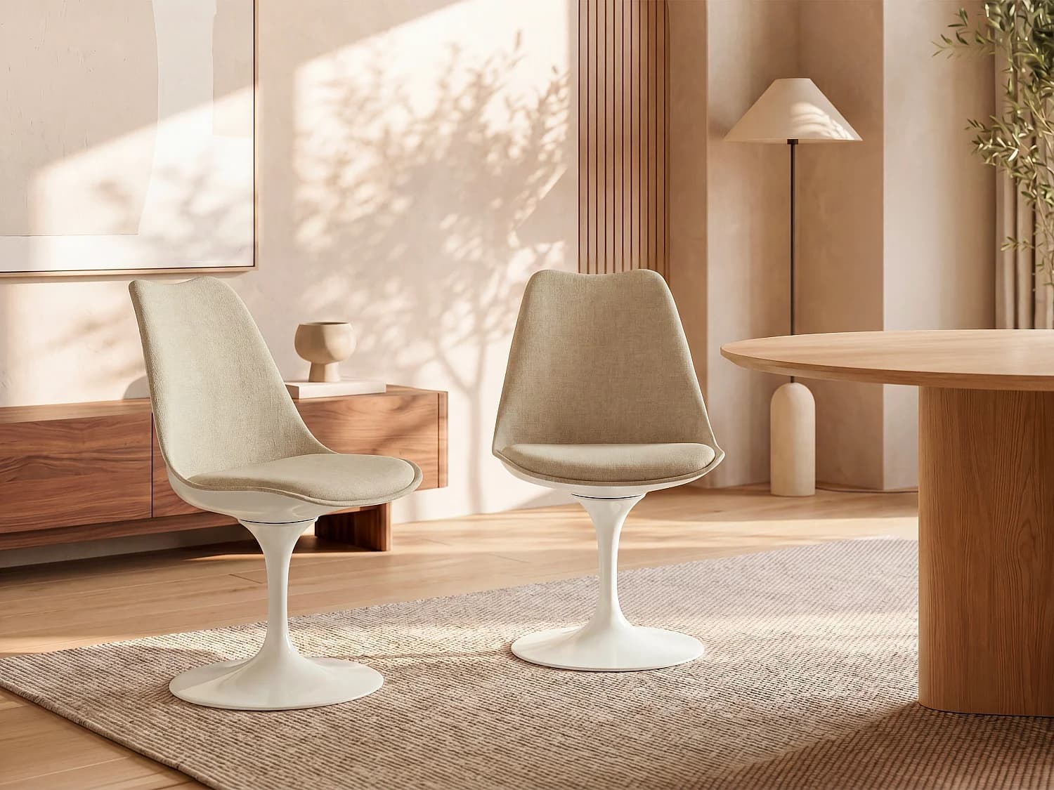 Lot de 2 chaises pivotantes en tissu texturé et acier - Beige et Blanc - XAFY