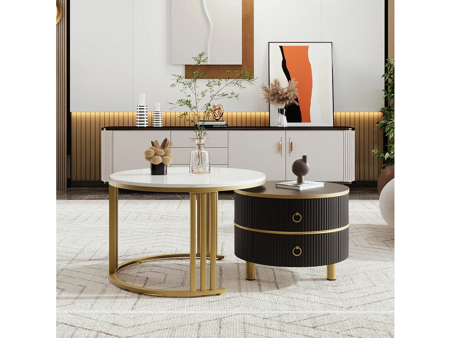 Table basse ronde 2 en 1 - 70 x 70 x 46 cm + 50 x 50 x 40 cm - combinaison de table de salon avec 2 tiroirs - MDF - noir