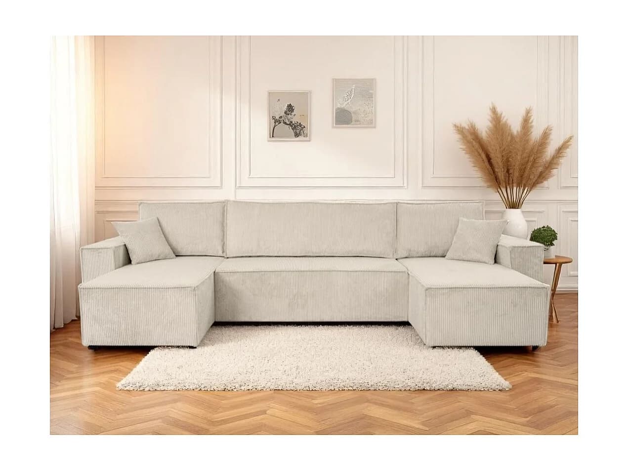 Canapé d'angle FARAH panoramique convertible 6 places en velours cotelé - Beige