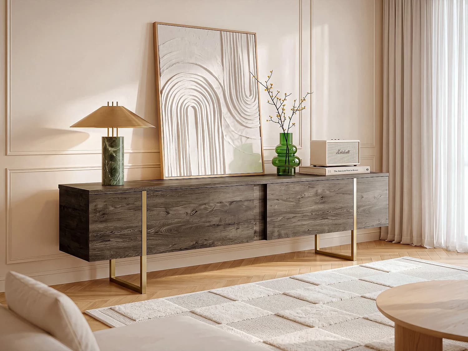 Meuble TV avec 2 portes - Naturel foncé et doré - ZIRELDA