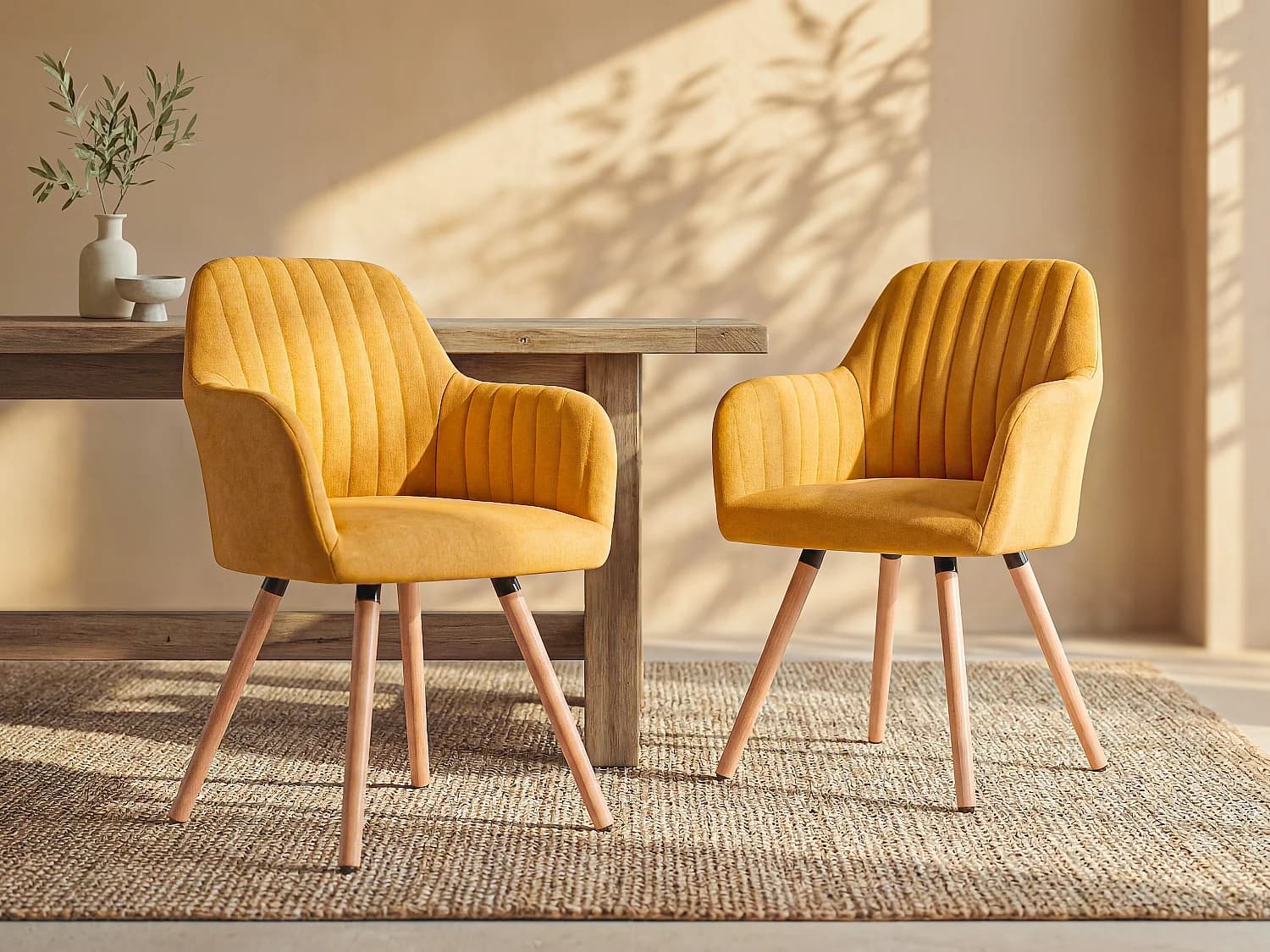 Lot de 2 chaises avec accoudoirs - Tissu et pieds bois de hêtre - Jaune - ELEANA