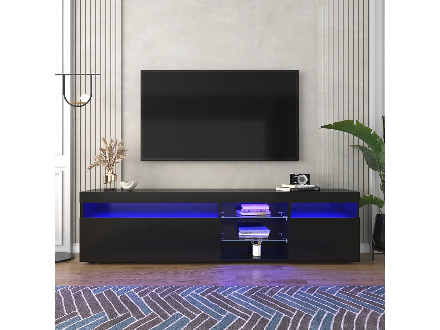 Meuble TV avec 3 portes, 5 niches et LED, noir