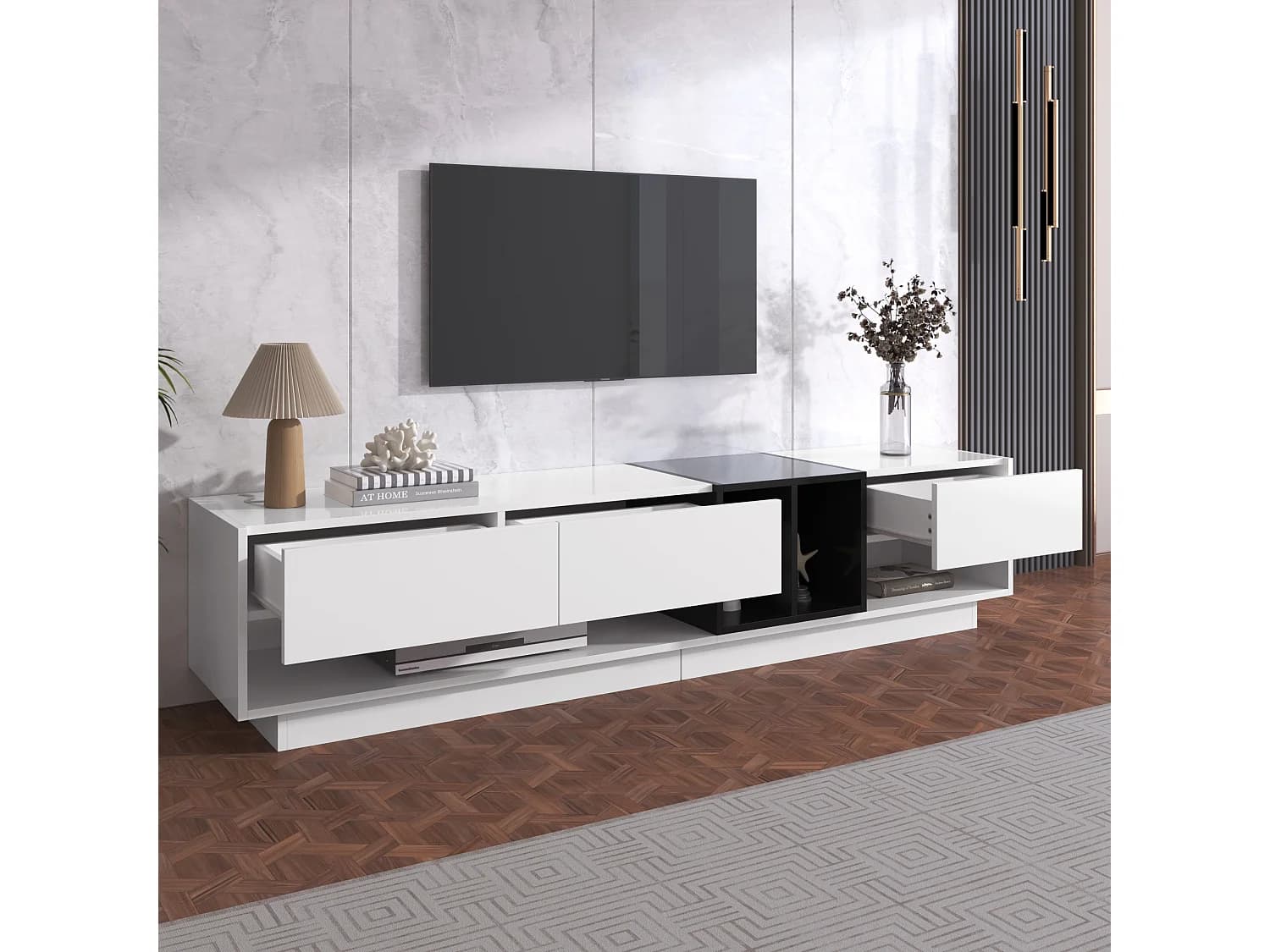 Meuble TV avec 3 tiroirs et 5 niches, corps en blanc et noir laqué