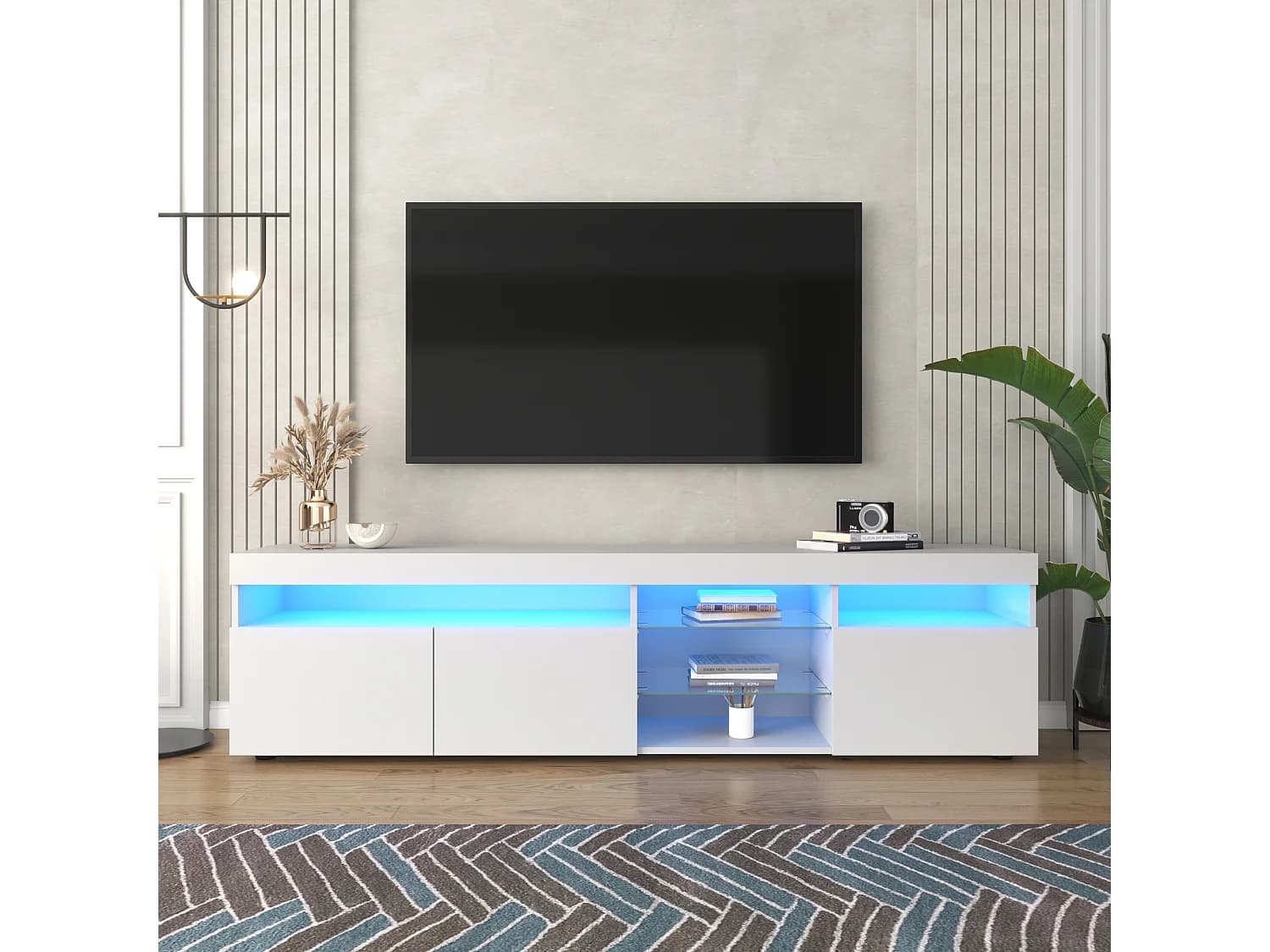 Meuble TV avec 3 portes, 5 niches et LED, blanc