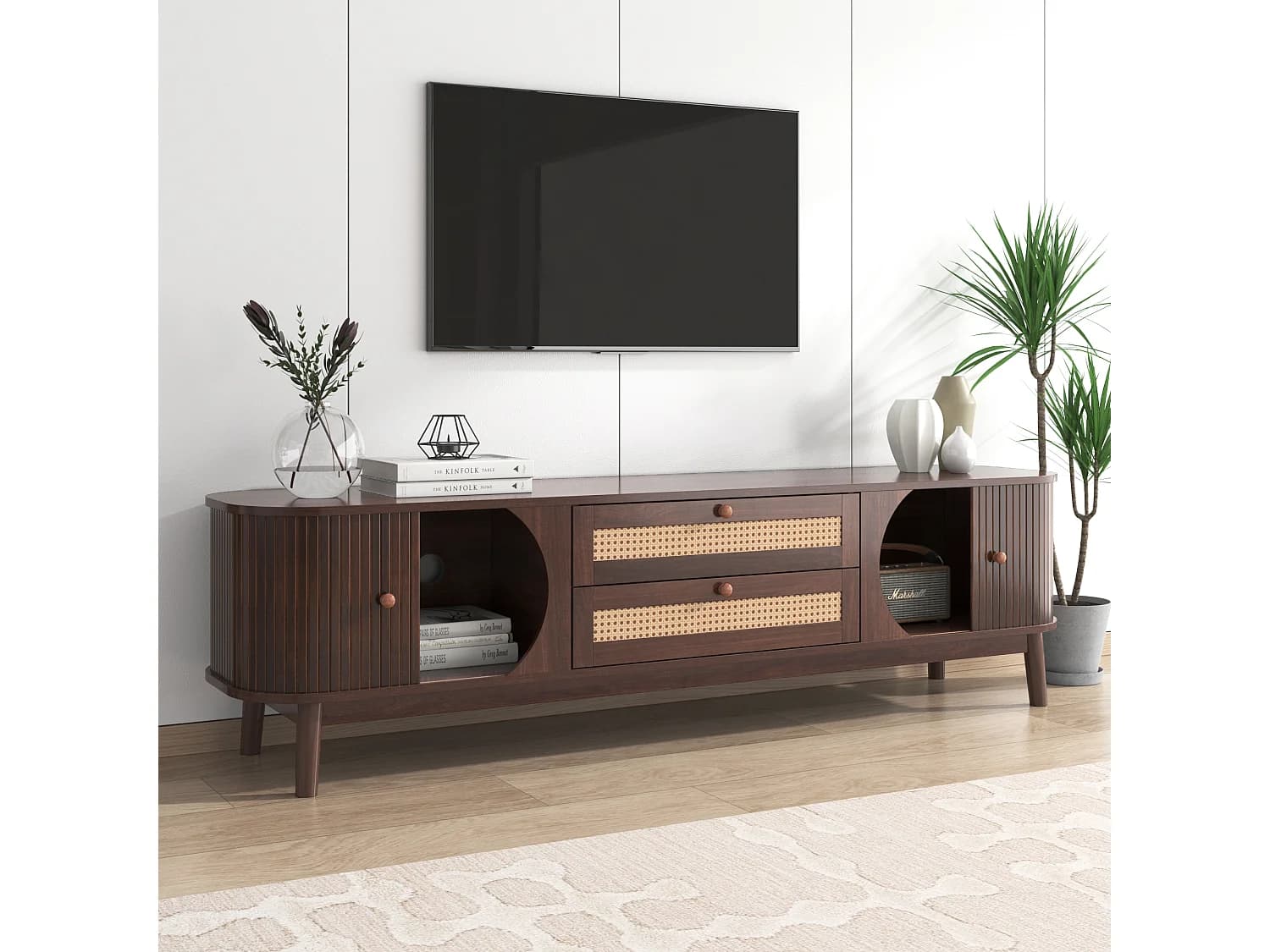 Meuble TV avec 2 portes coulissantes et 2 tiroirs en rotin, en placage bois marron