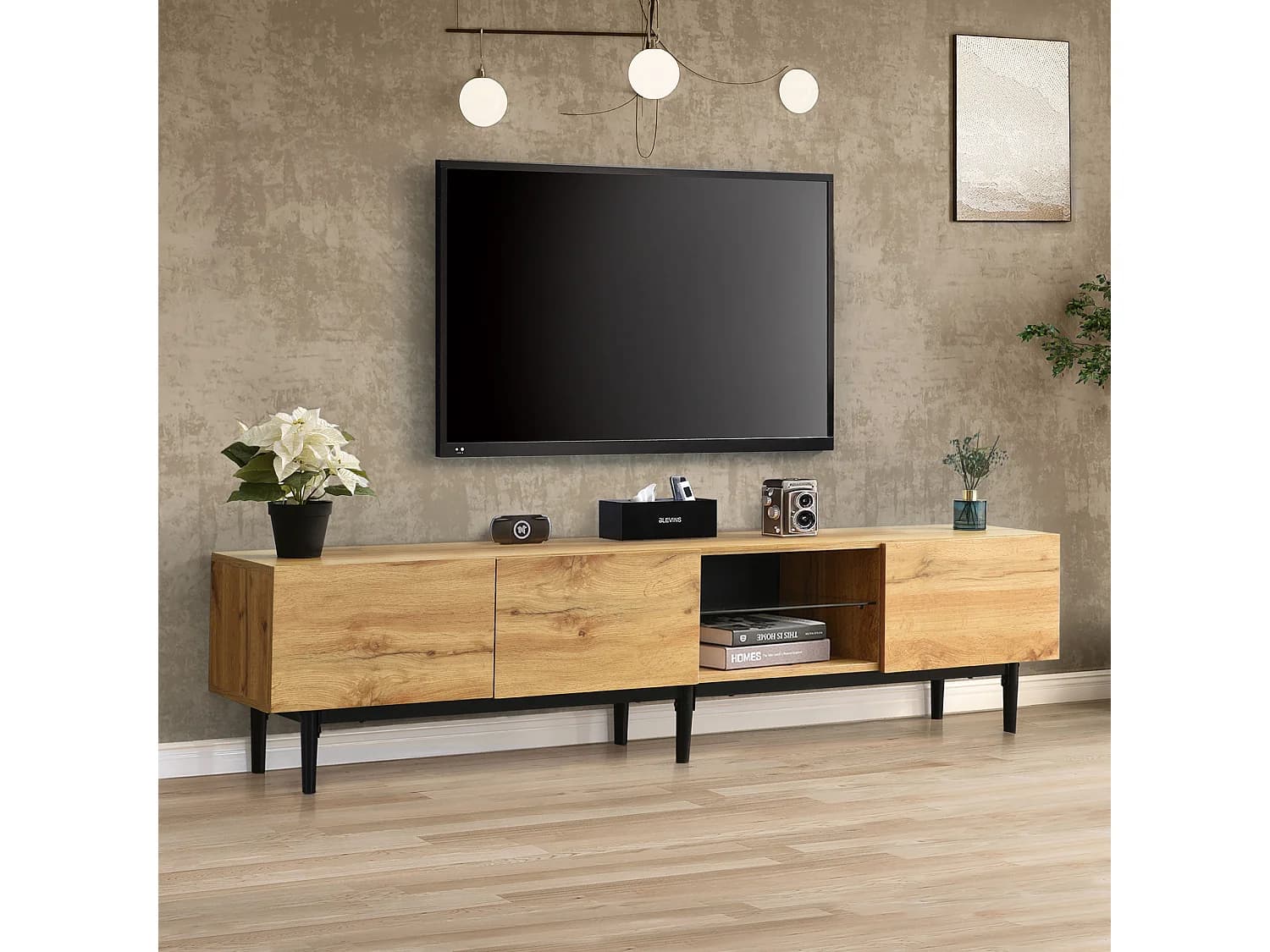 Meuble TV avec 3 portes, 2 niches et LED, corps en woodgrain naturel clair, pieds noir