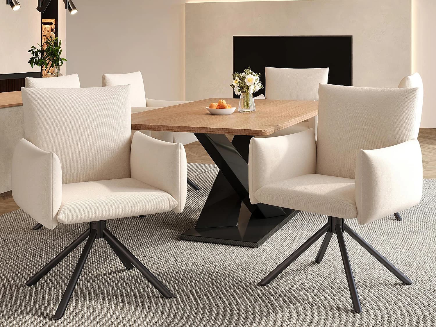 Lot de 6 Chaises fauteuils rembourrés - Rotation à 360° - avec 4 pieds en métal - Lin - Beige