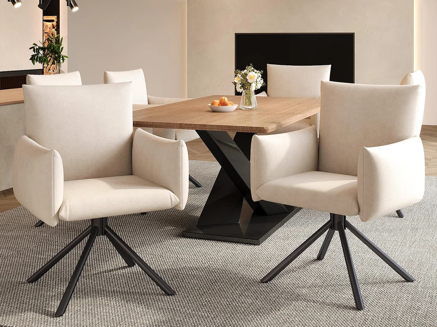 Lot de 6 Chaises fauteuils rembourrés - Rotation à 360° - avec 4 pieds en métal - Velours - Beige