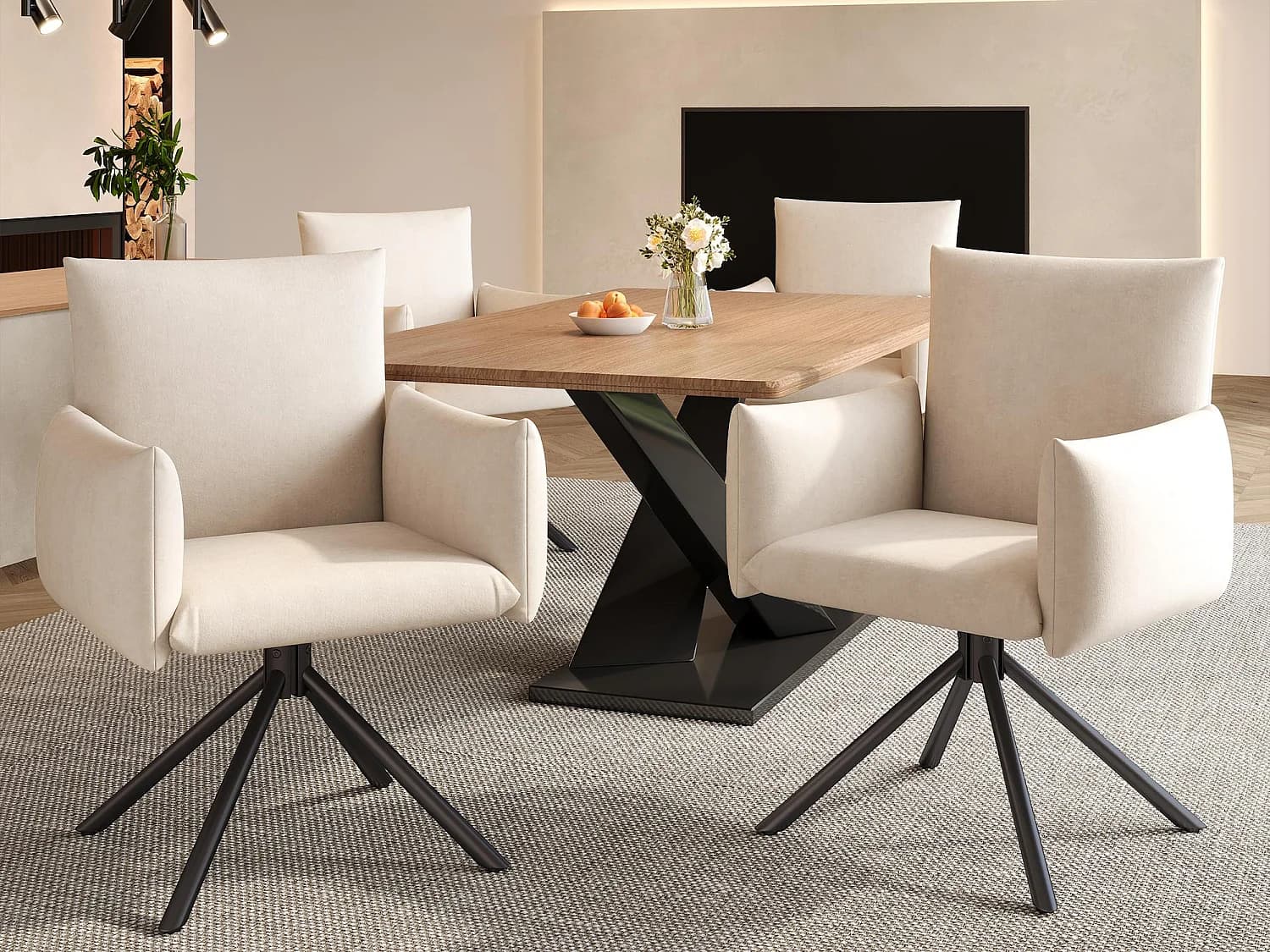 Lot de 4 Chaises fauteuils rembourrés - Rotation à 360° - avec 4 pieds en métal - Velours - Beige