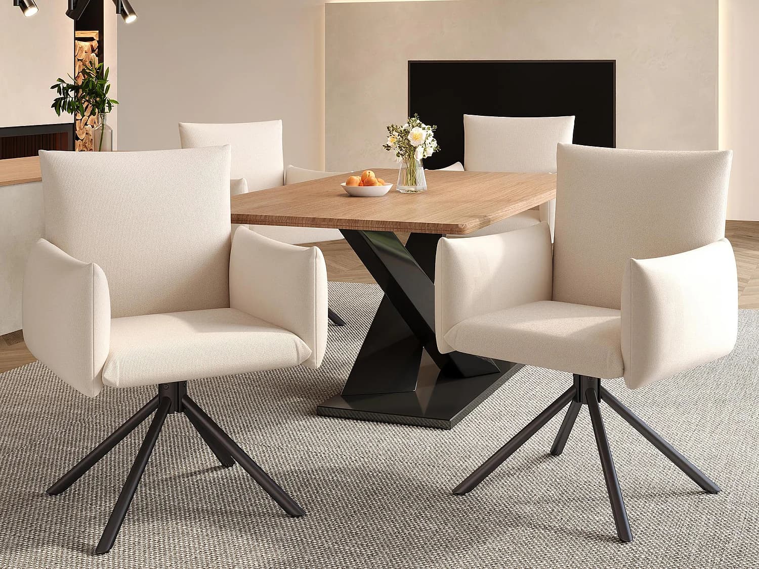 Lot de 4 Chaises fauteuils rembourrés - Rotation à 360° - avec 4 pieds en métal - Lin - Beige