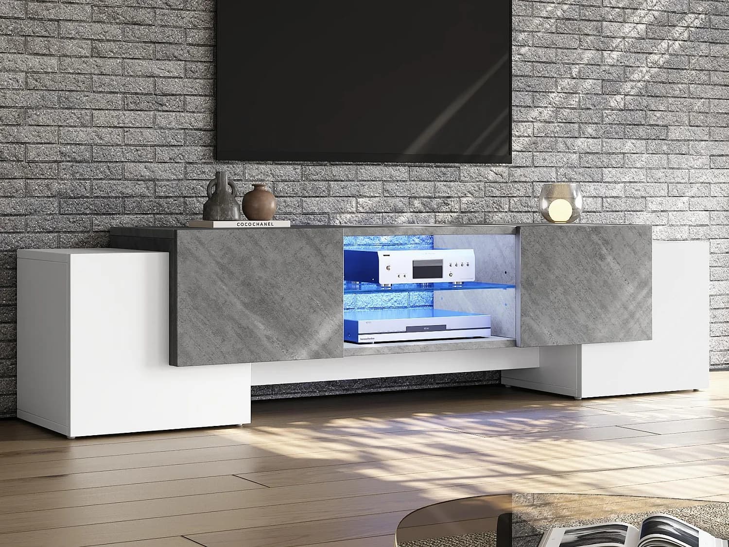 Meuble TV - avec 4 portes - avec éclairage LED - pour téléviseurs 80/75/70/65/55 pouces - blanc + gris