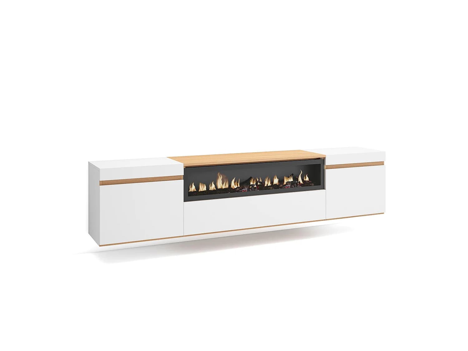 Meuble TV, Banc Télé, 200x35x45cm, Pour les TV jusqu'à 80", Cheminée électrique, Suspendu, Mural, Blanc et Chêne Soft