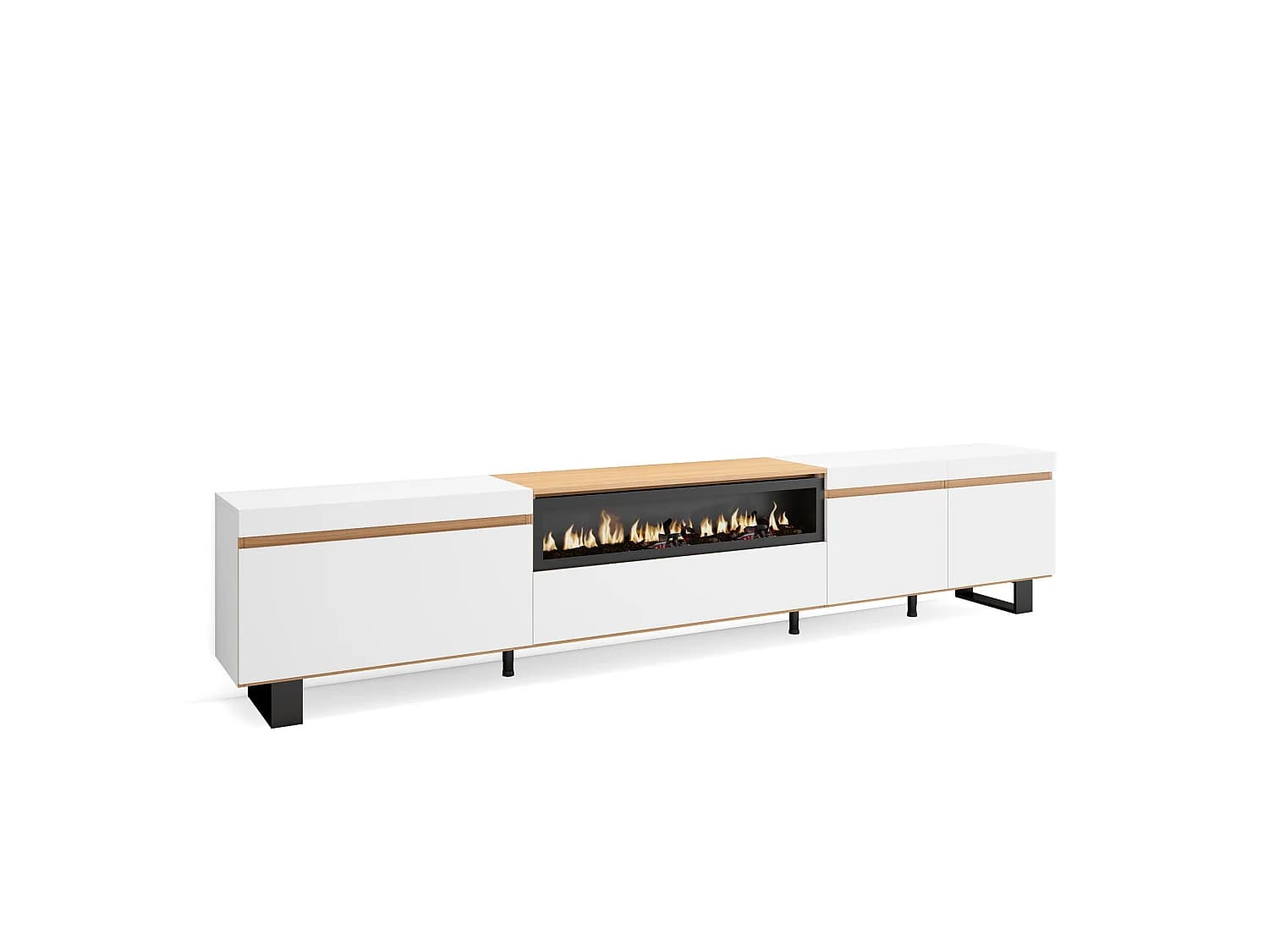 Meuble TV, Banc Télé, 288x35x57cm, TV grand format, Cheminée électrique, Design industriel, Blanc et Chêne Soft