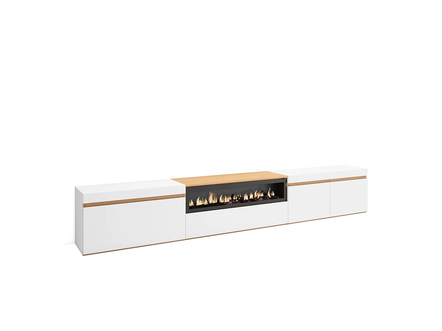 Meuble TV, Banc Télé, 288x35x45cm, TV grand format, Cheminée électrique, Blanc et Chêne Soft