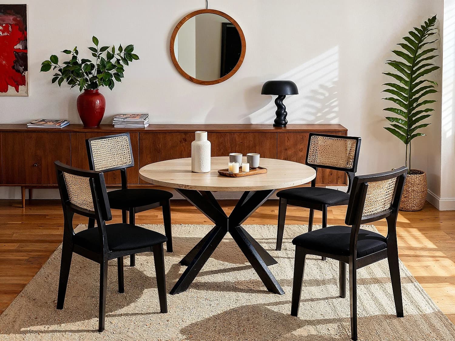 Lot de 6 chaises en velours, effet rotin et bois d'hévéa - Noir - CALENYA