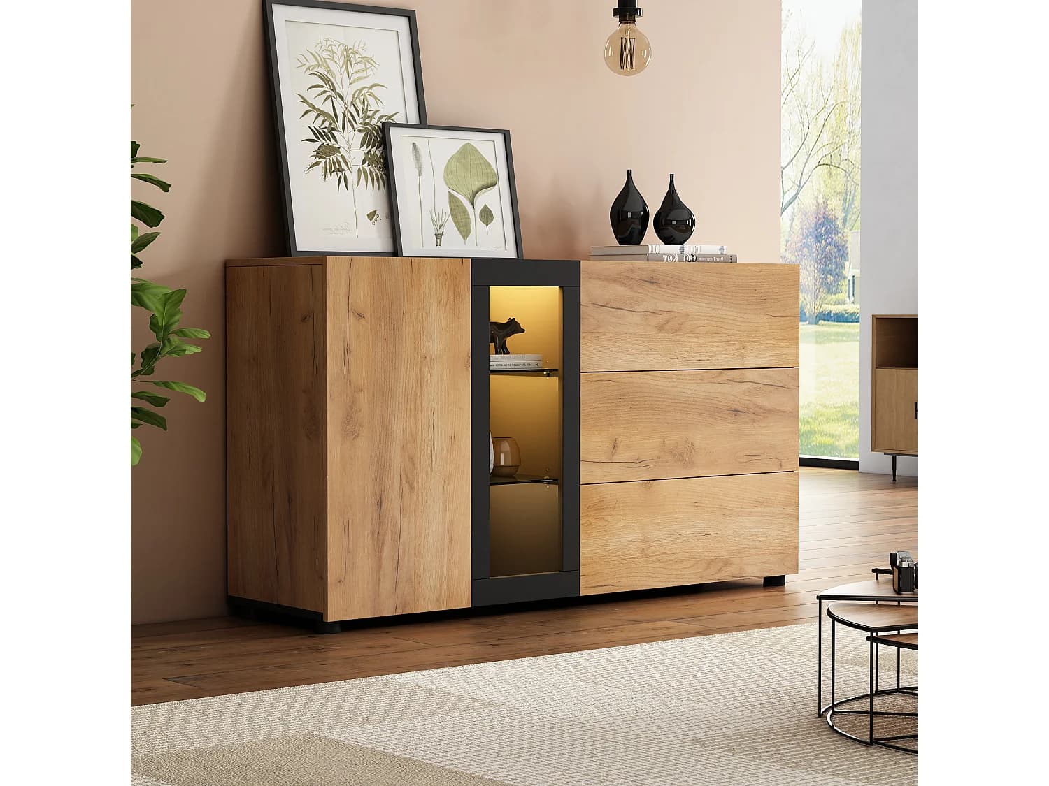Buffet marron 140 cm - buffet avec 3 tiroirs et 1 porte - éclairage LED - pour salle à manger et salon