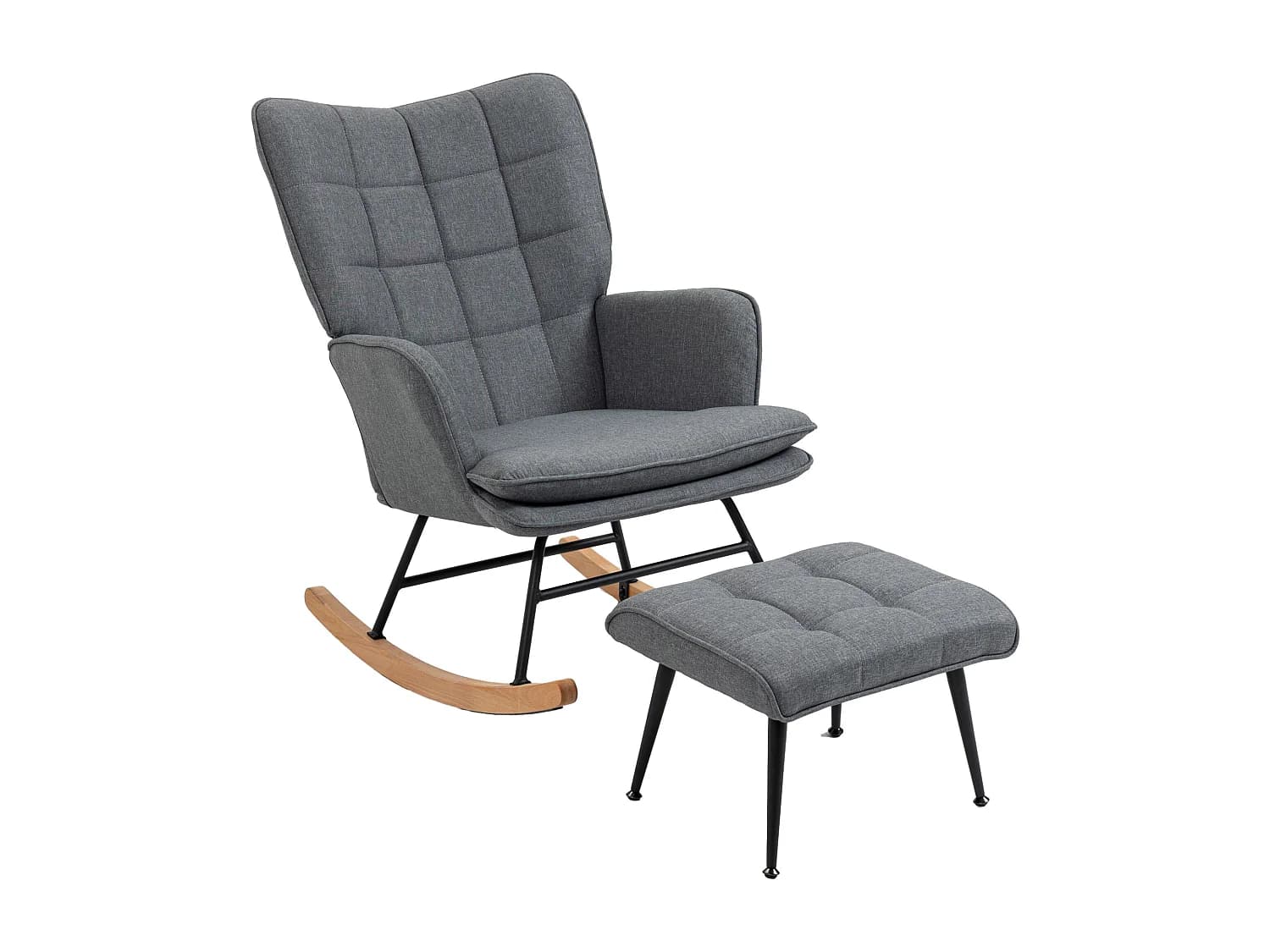Fauteuil à bascule avec tabouret, tissu en lin gris