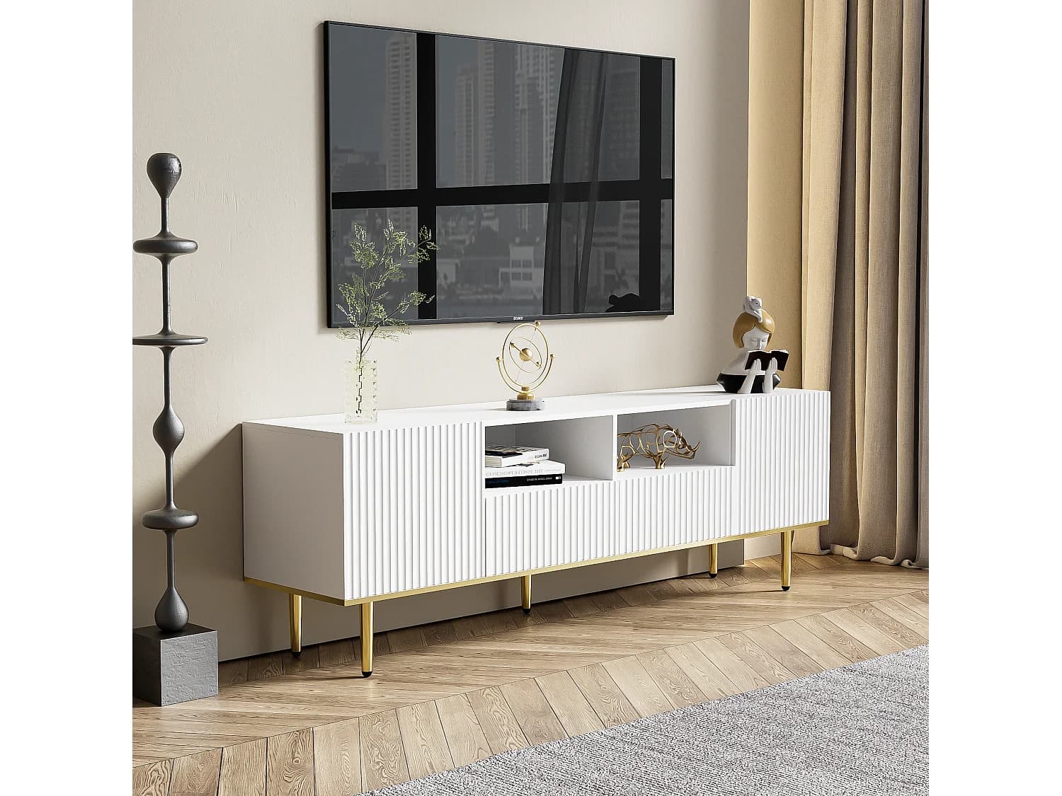 Meuble TV avec 2 portes, 2 tiroirs et 2 niches, corps Rainuré en blanc avec des accents dorés - 165x36x55cm