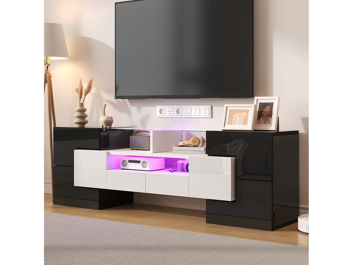 Meuble TV avec 6 portes, 2 tiroirs et 2 niches, LED inclus, en noir et blanc laqué brillant - 145x30x51cm