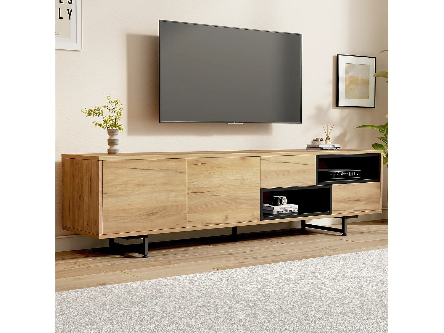Meuble TV avec 2 portes, 2 tiroirs et 2 niches, bois et noir