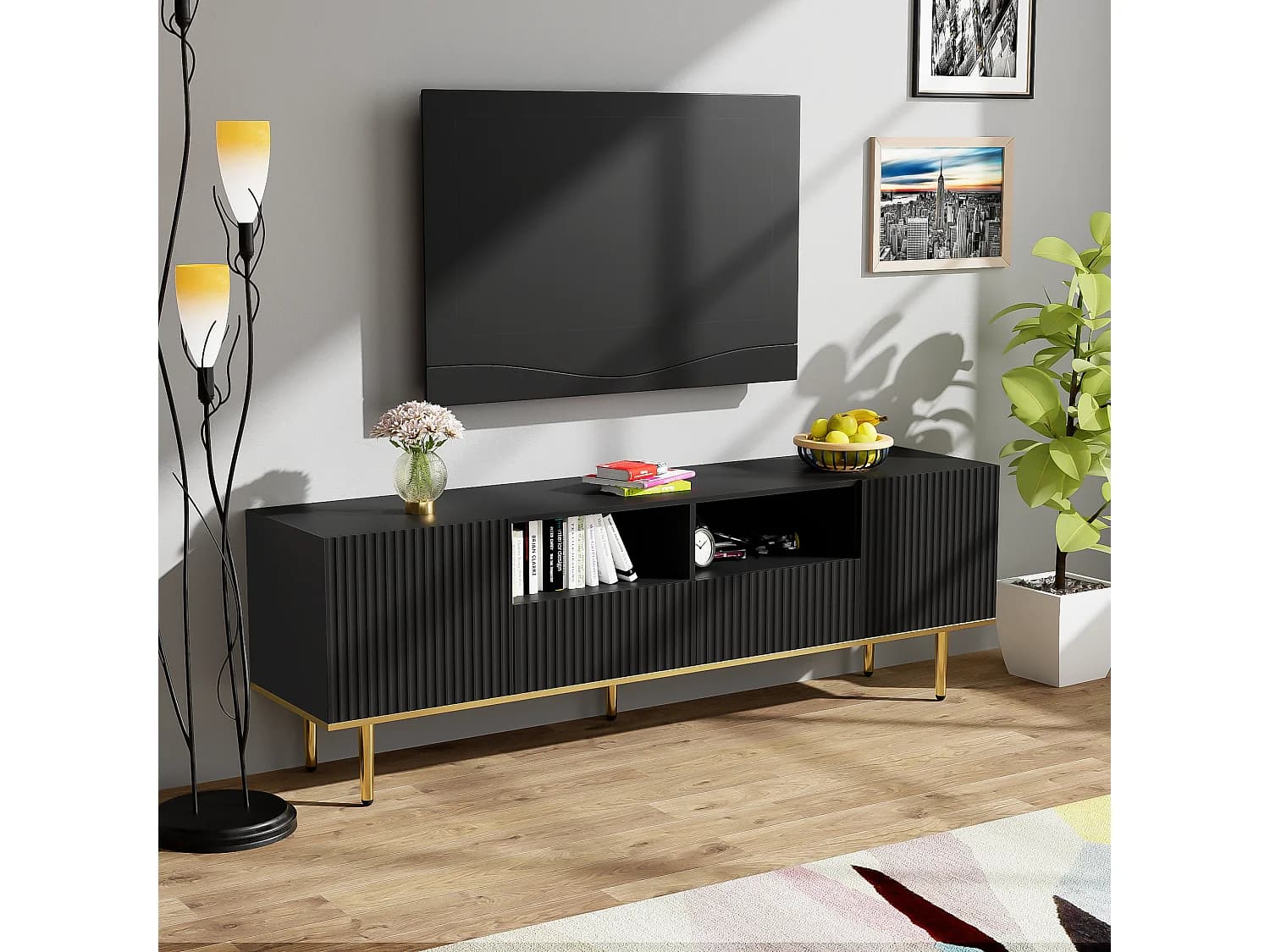 Meuble TV avec 2 portes, 2 tiroirs et 2 niches, corps Rainuré en noir avec des accents dorés - 165x36x55cm