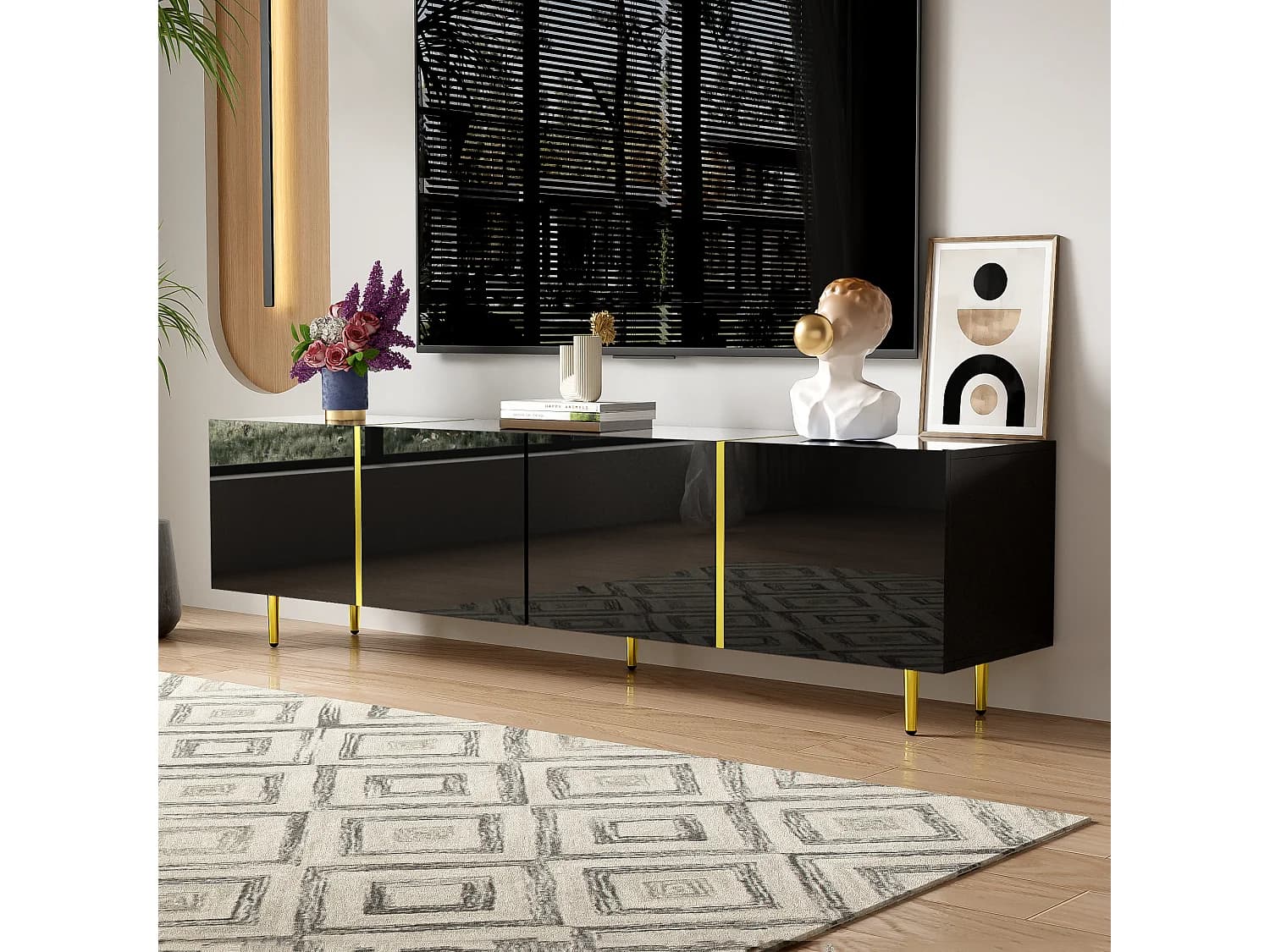 Meuble TV avec 4 portes, corps en noir laqué brillant et bande doré - 170x35x46cm