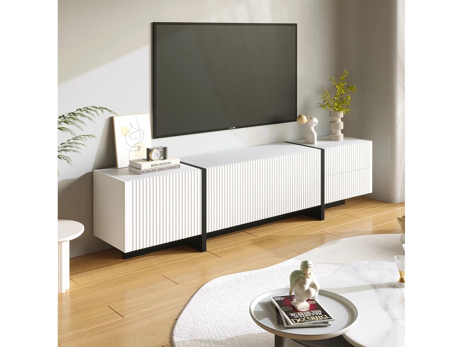 Meuble TV avec 3 portes et 2 tiroirs, corps Rainuré en blanc avec des accents noirs - 190x35x45cm