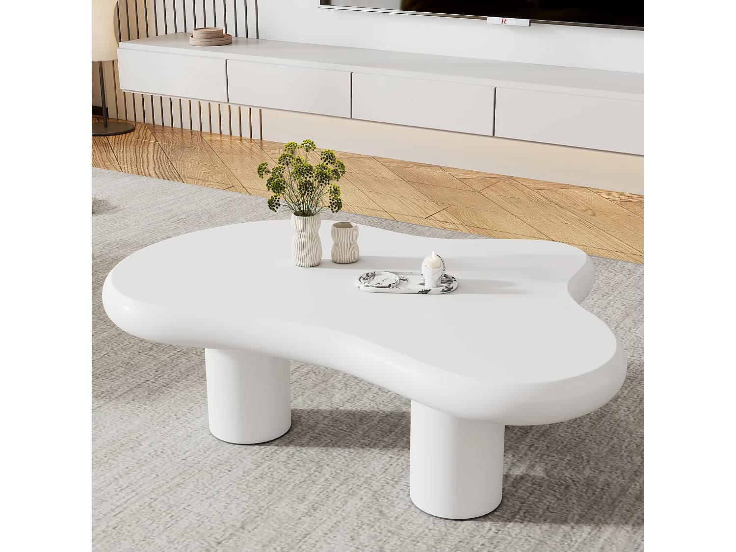 Table basse irrégulière en forme de nuage - Table basse blanche avec plateau en MDF et patin en feutre - 97x67x32cm