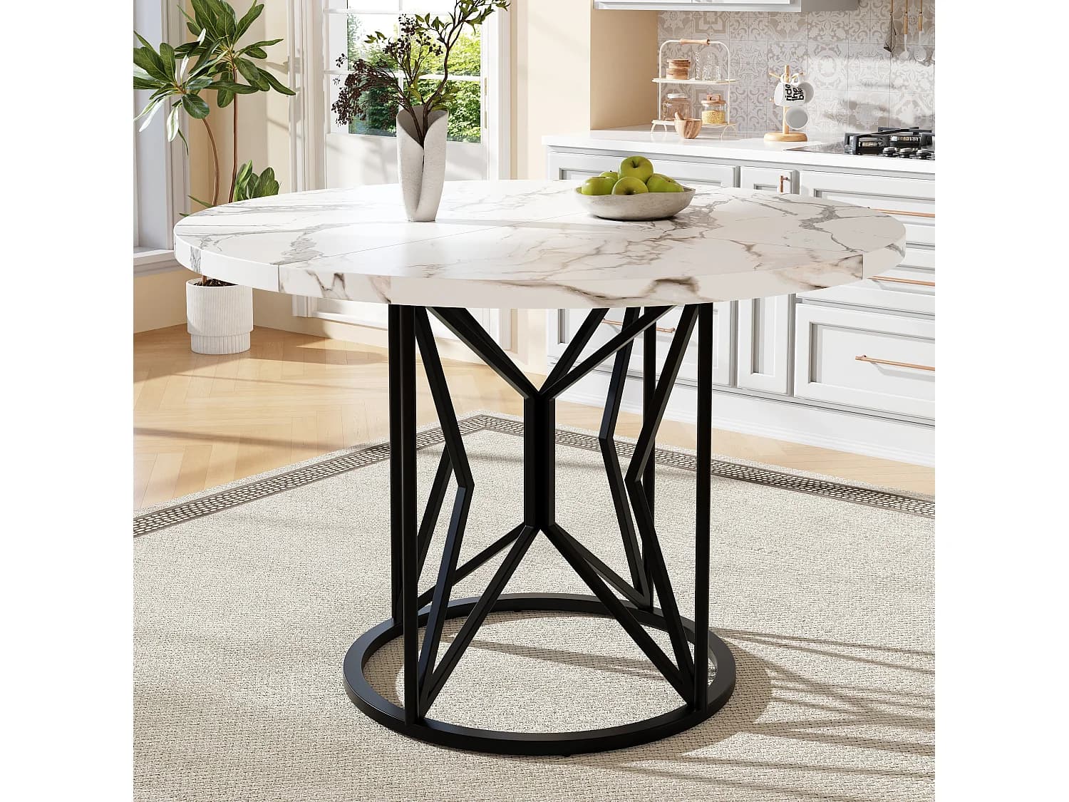 Table à manger ronde 4 personnes, plateau en placage marbre blanc avec pieds central en métal noir - 100x100x76cm