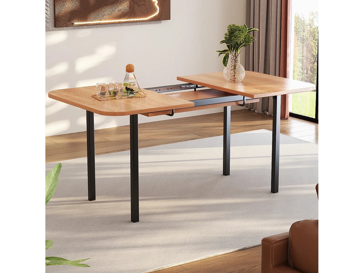 Table à manger rectangle extensible 4-6 personnes en MDF, plateau en finition woodgrain naturel clair et pieds en métal noir - 120/160x80x75cm