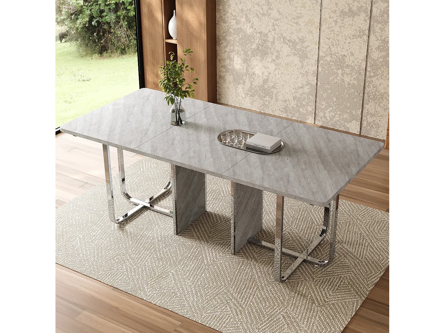 Table à manger rectangle 6 personnes, plateau en MDF gris avec pieds en métal argenté - 180x80x75cm