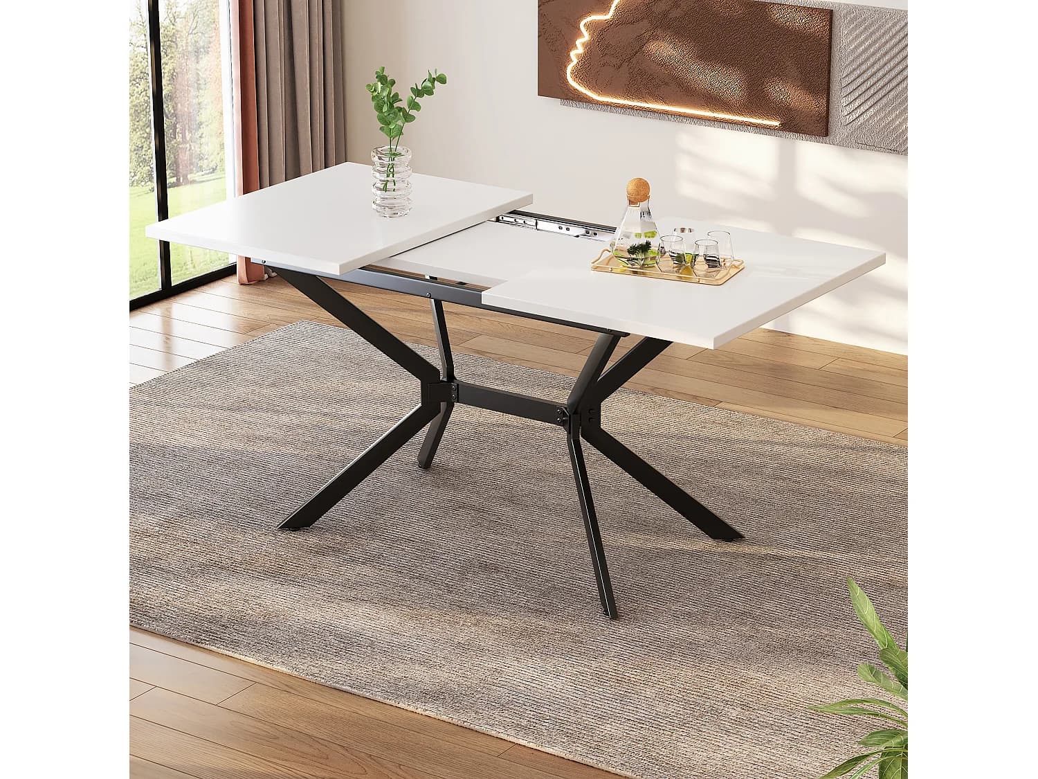 Table à manger rectangle extensible 4-6 personnes en MDF, plateau blanc et pieds croisé en métal noir - 120/160x80x75cm