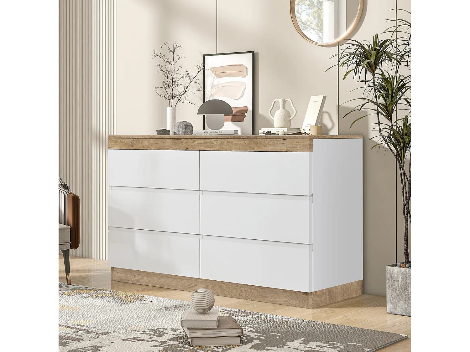 Buffet 110x40x67.5cm avec 6 tiroirs, plateau en placage chêne, corps blanc
