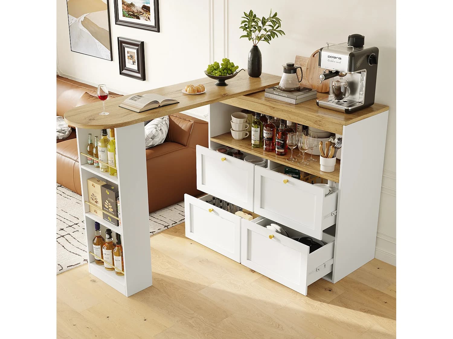 Buffet de cuisine avec plateau 360°pivotant, 4 tiroirs et 1 niche, blanc - 204x39x104cm