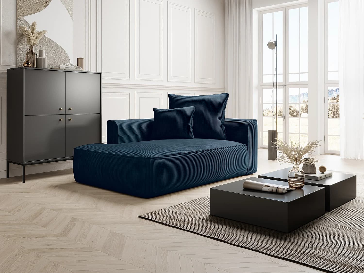 Méridienne gauche en velours côtelé bleu PINETA