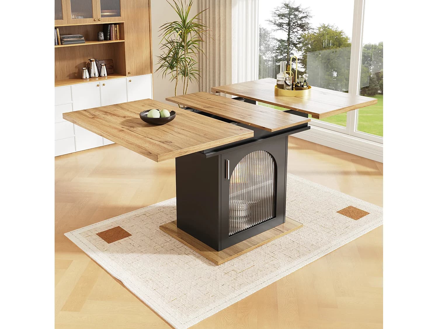 Table à manger extensible 6-8 personnes avec 1 porte en verre, plateau en placage woodgrain naturel clair, corps noir - 110/140x80x76cm