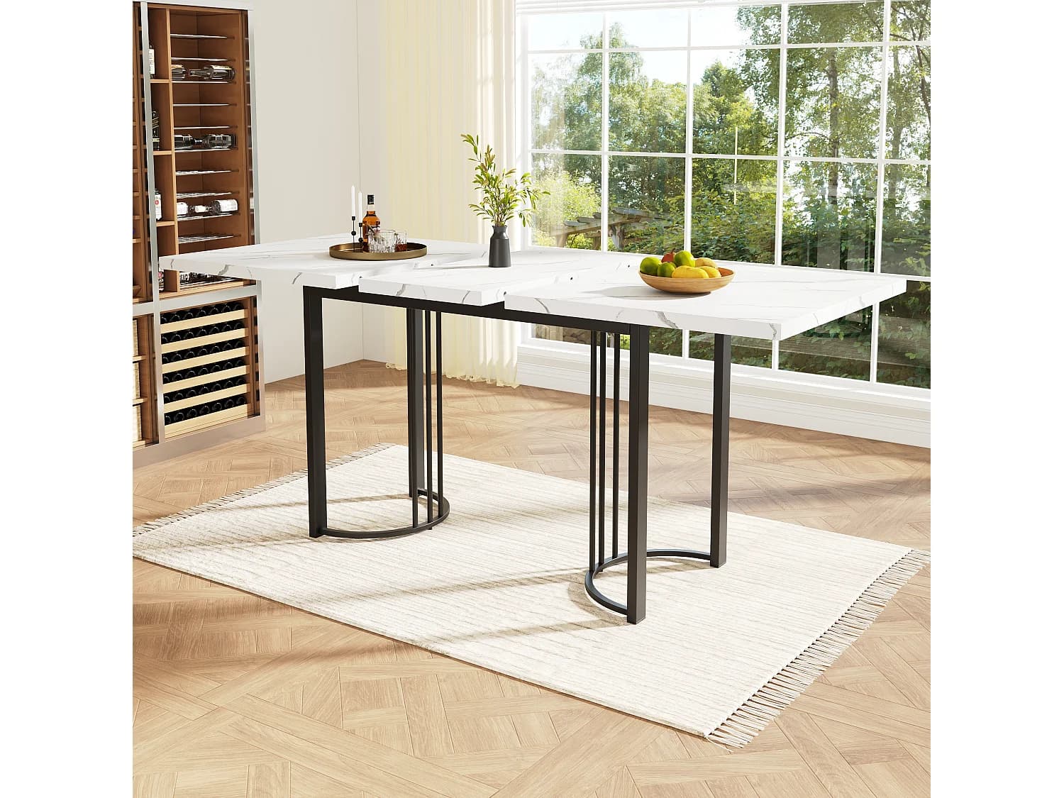 Table à manger extensible rectangle 6-8 personnes, plateau en effet marbre blanc avec pieds en métal noir - 179.5x80x75.5cm