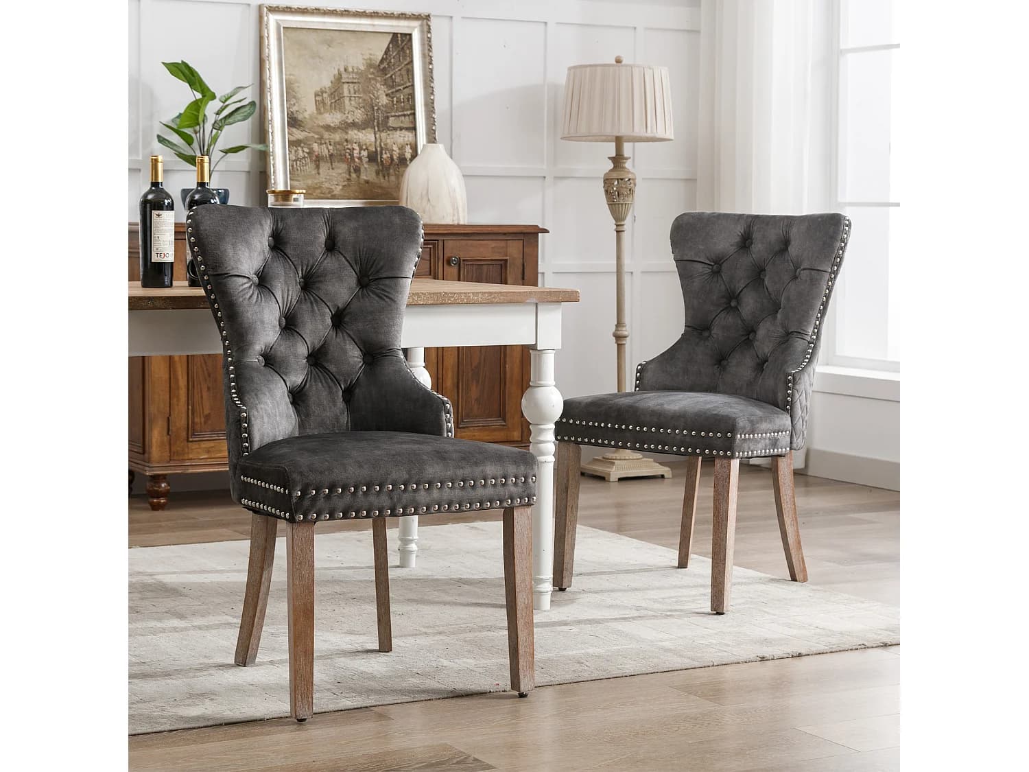 Lot de 2 chaises de salle à manger - velours gris - Chaise rembourrée avec pieds réglables - pour chambre et salon