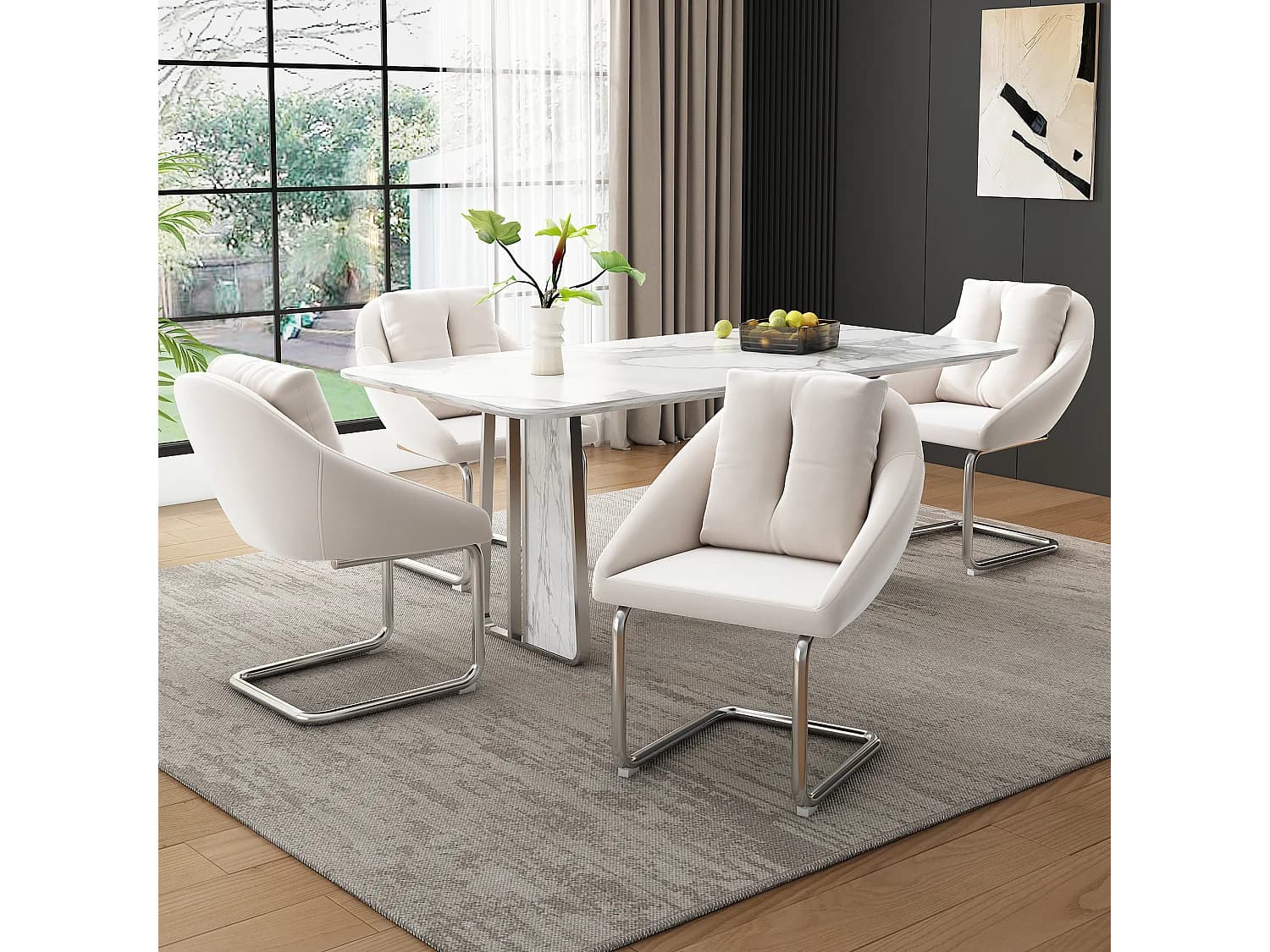 Lot de 4 chaises de salle à manger - velours beige - Chaises avec dossier rembourré et pieds arqués argentés