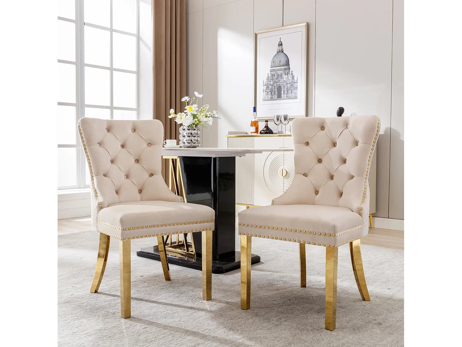 Lot de 2 chaises de salle à manger - Chaise rembourrée avec clous décoratifs et pieds en métal doré - velours beige