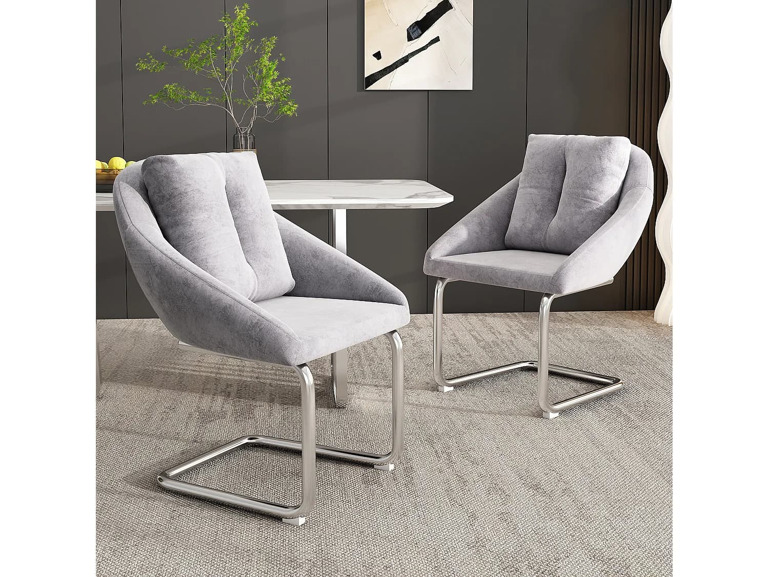 Lot de 2 chaises de salle à manger - velours gris - Chaises avec dossier rembourré et pieds arqués argentés