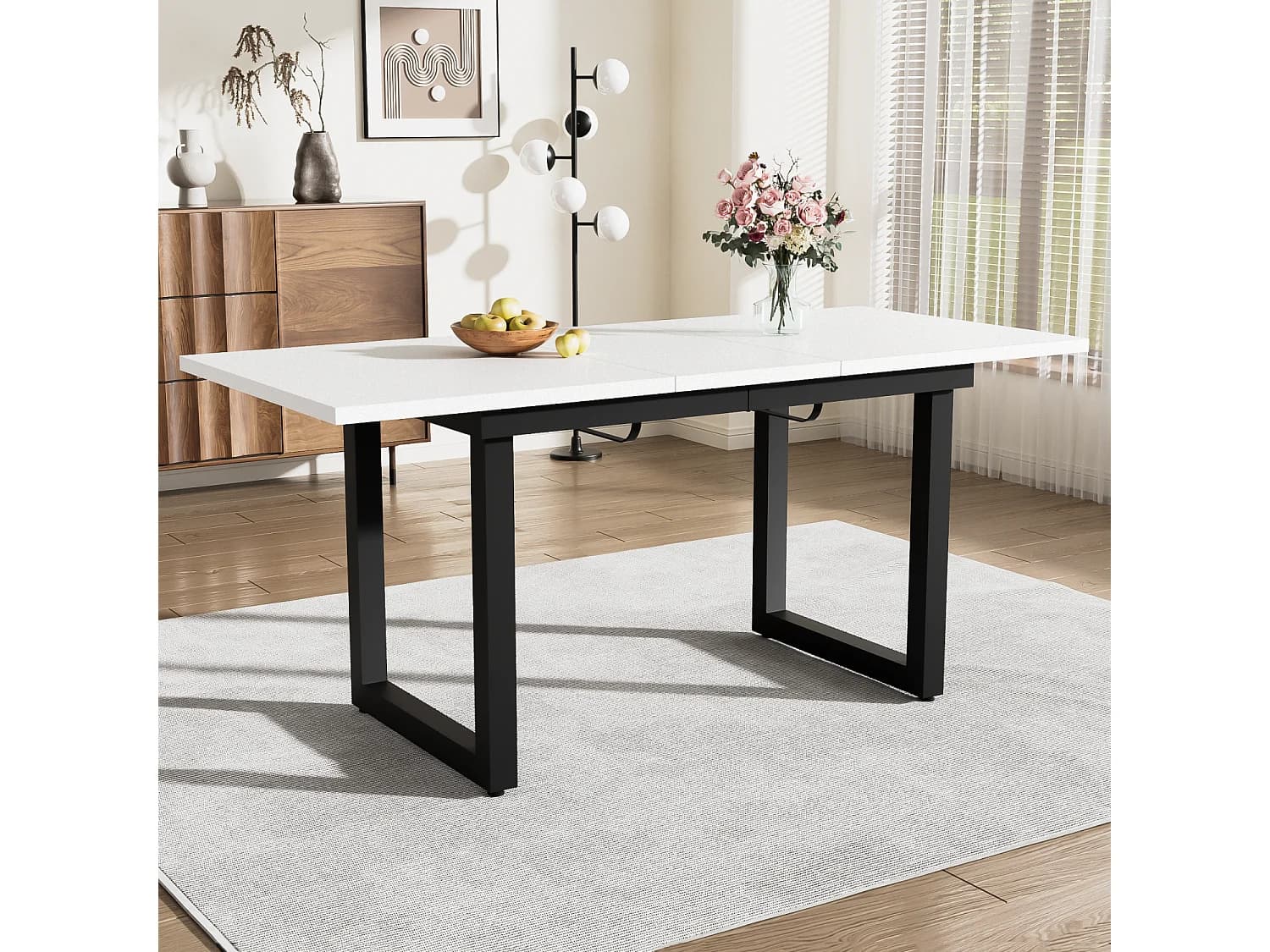 Table à manger rectangulaire - avec plateau blanc rétractable - pieds en métal noir - pour salle à manger et salon