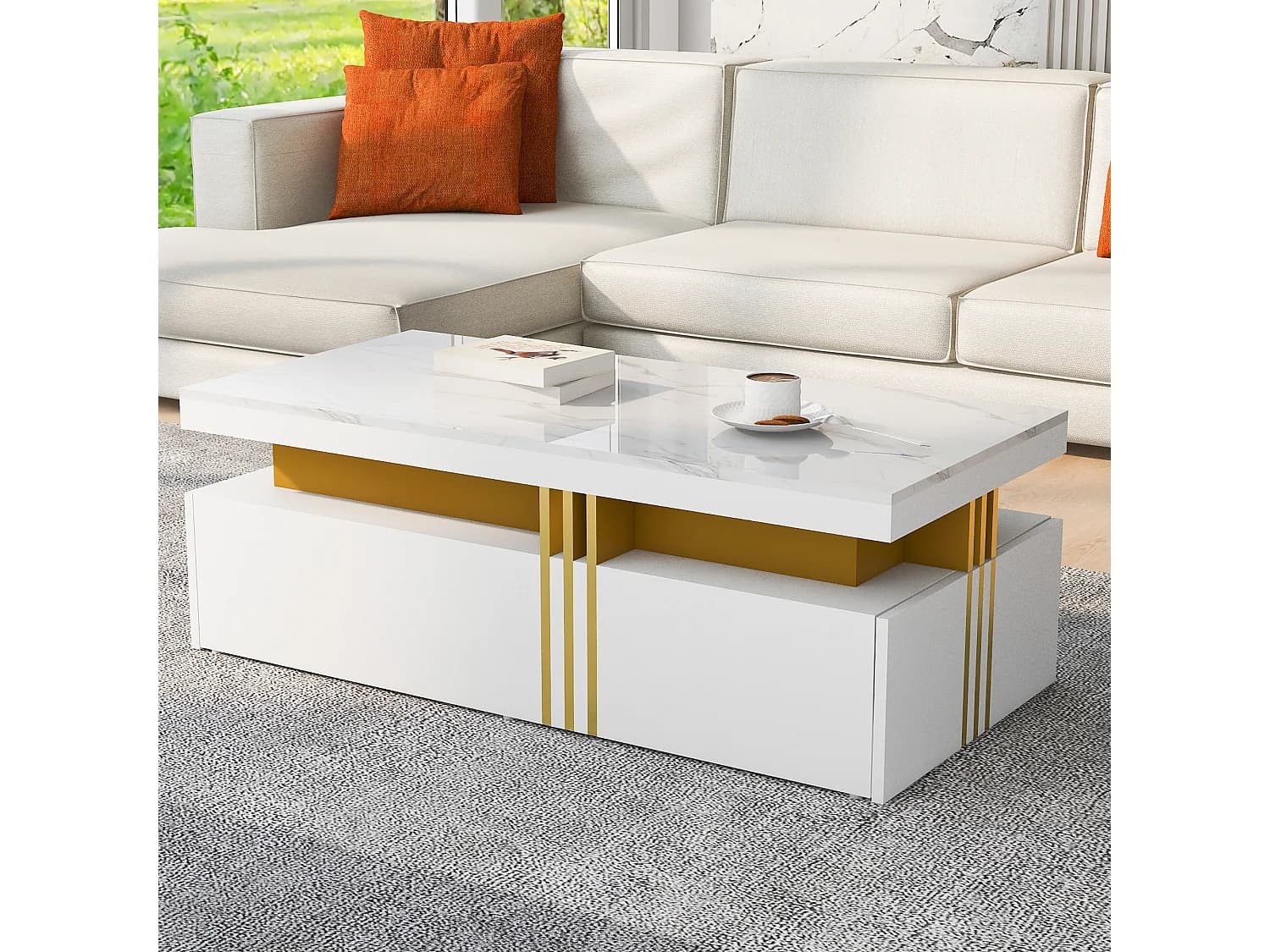 Table basse rectangulaire - Table basse avec 2 tiroirs et plateau brillant - plateau en marbre blanc - pour salon