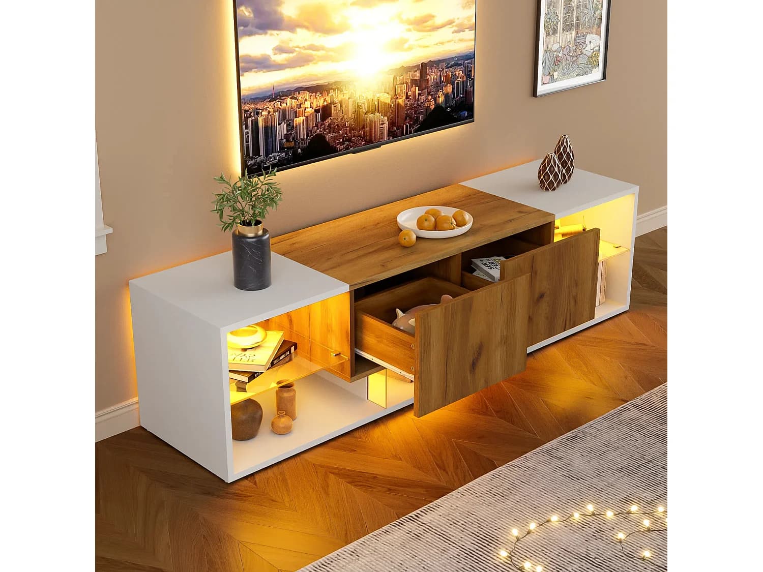Meuble TV moderne - Meuble TV blanc avec éclairage LED - 2 tiroirs de rangement - pour salon et chambre