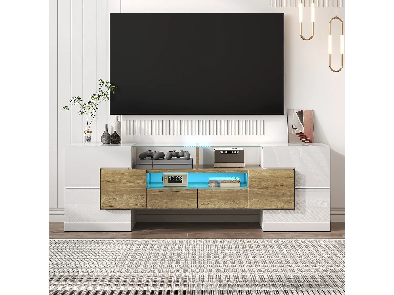 Meuble TV brillant - Meuble TV de salon avec éclairage LED - 6 portes et 2 tiroirs - blanc et bois