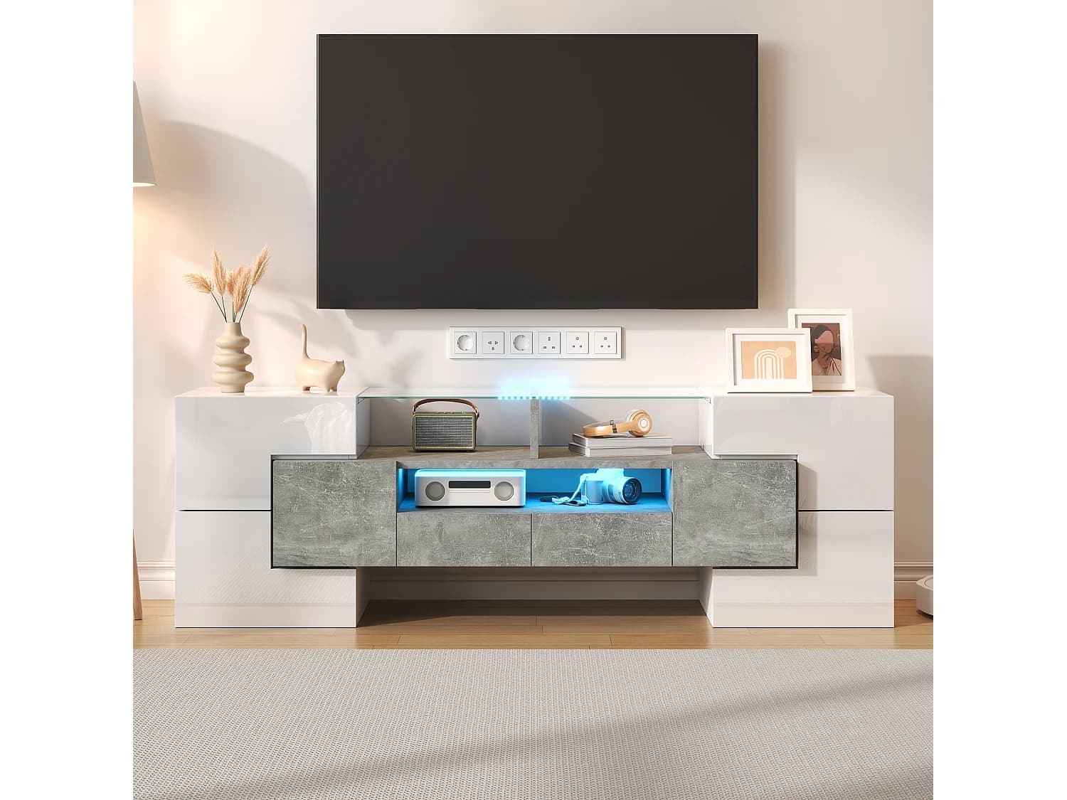 Meuble TV brillant - Meuble TV de salon avec éclairage LED - 6 portes et 2 tiroirs - blanc et gris