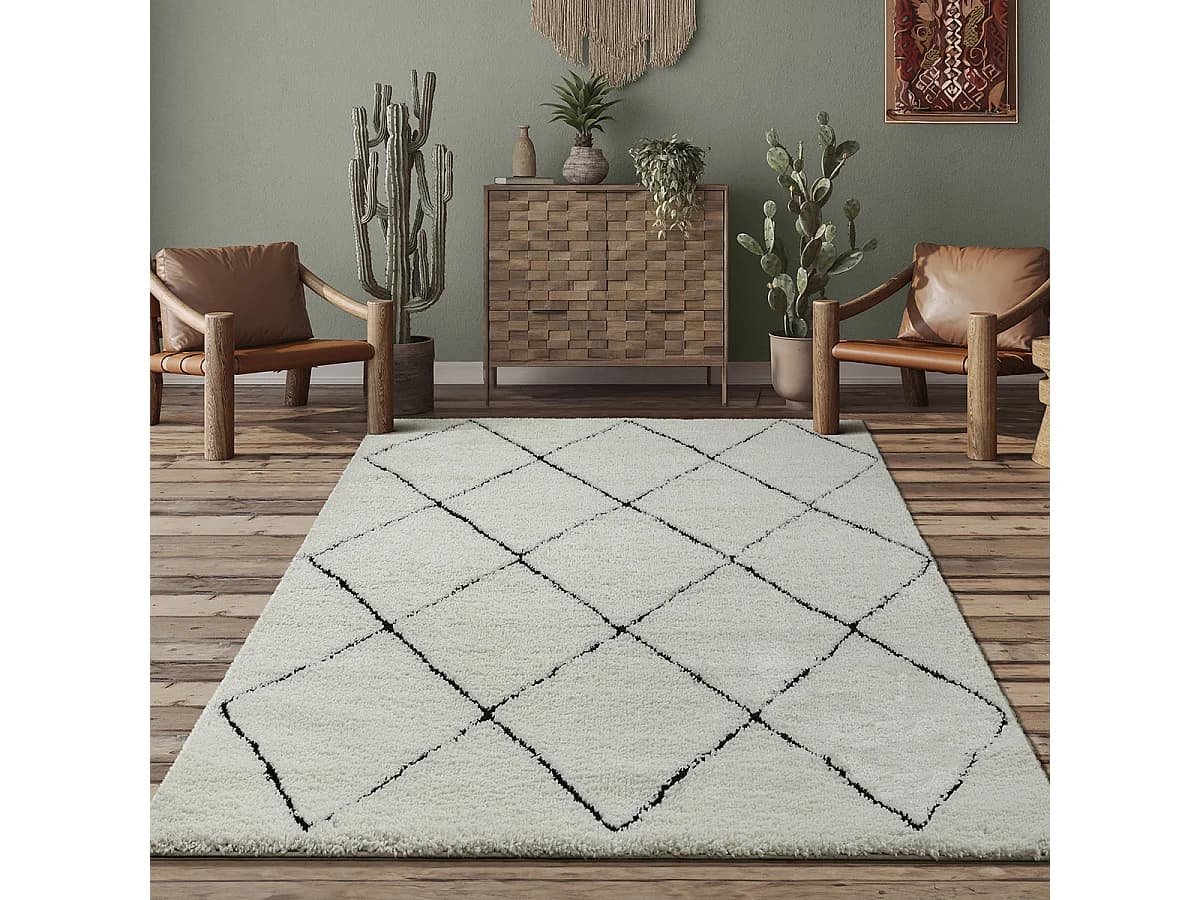 Tapis Bahar Shaggy moderne losange, Blanc Noir, 240 x 340 cm