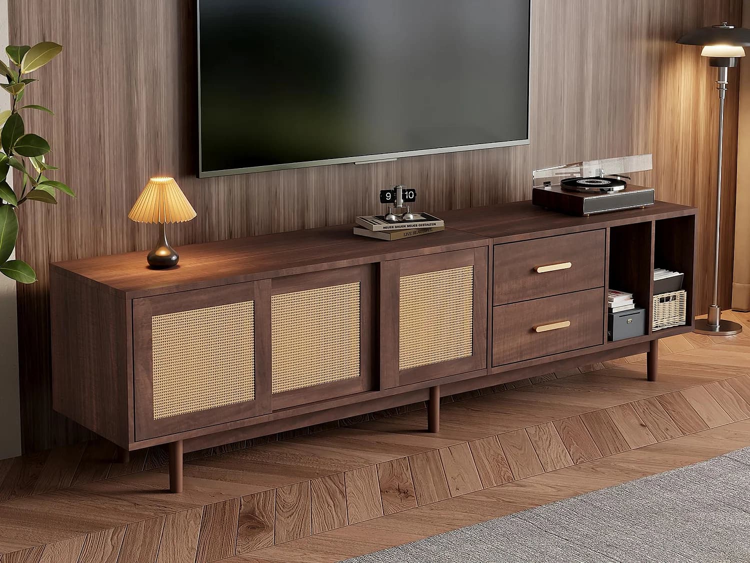 Meuble TV 190x40x52 cm - avec 2 tiroirs - avec compartiments de rangement - pour TV 75" - marron