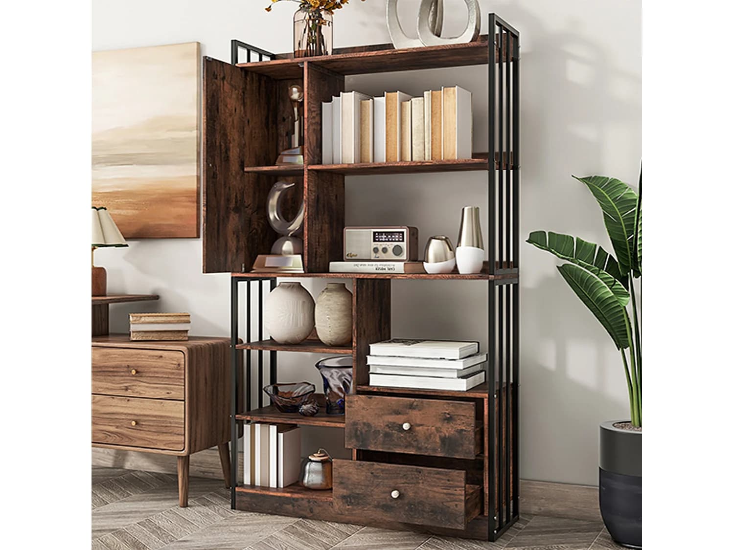 Bibliothèque avec 1 porte, 2 tiroirs et 5 niches, en placage woodgrain marron